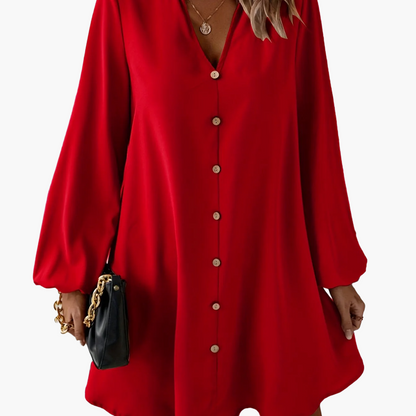 Damen Elegantes Freizeitkleid mit Knopfleiste und V-Ausschnitt – Lockerer Schnitt für Alltag und Büro