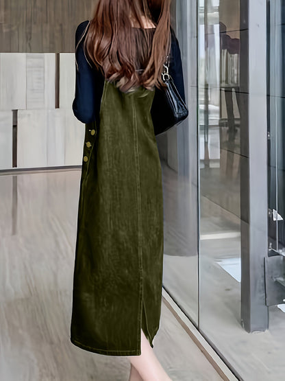 Abito jeans casual da donna con spalline e tasca frontale – Abito salopette midi per tutti i giorni e tempo libero