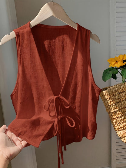 Gilet sans manches pour femme avec détail nœud et encolure en V – couche d'été à la mode pour les loisirs et les vacances