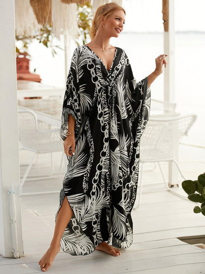 Kaftan de luxe pour femme – motif tropical de palmiers et chaînes, parfait comme paréo de plage ou de piscine