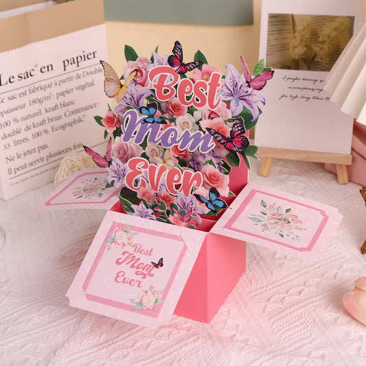Pop-up Grußkarte für Damen – Best Mom Ever – 3D Blumen und Schmetterlinge – Muttertagskarte und Dekoration