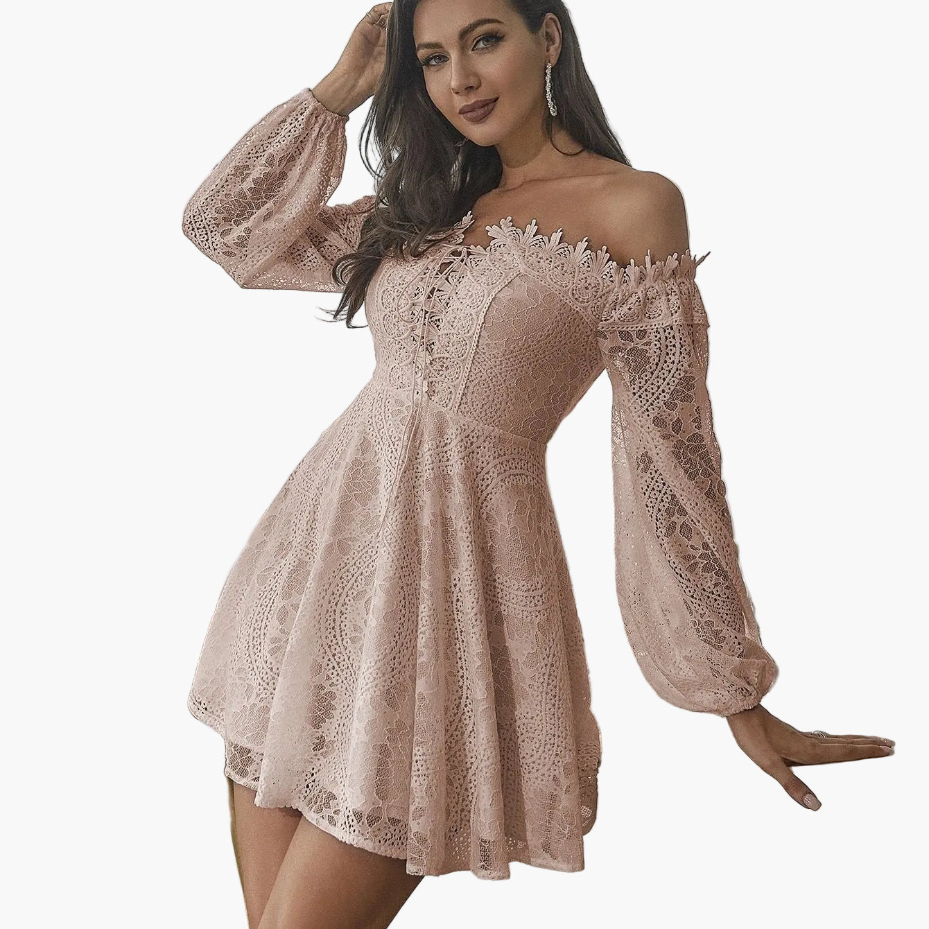 Dames Off-Shoulder kanten jurk elegant A-lijn lente- en zomerjurk feest cocktail