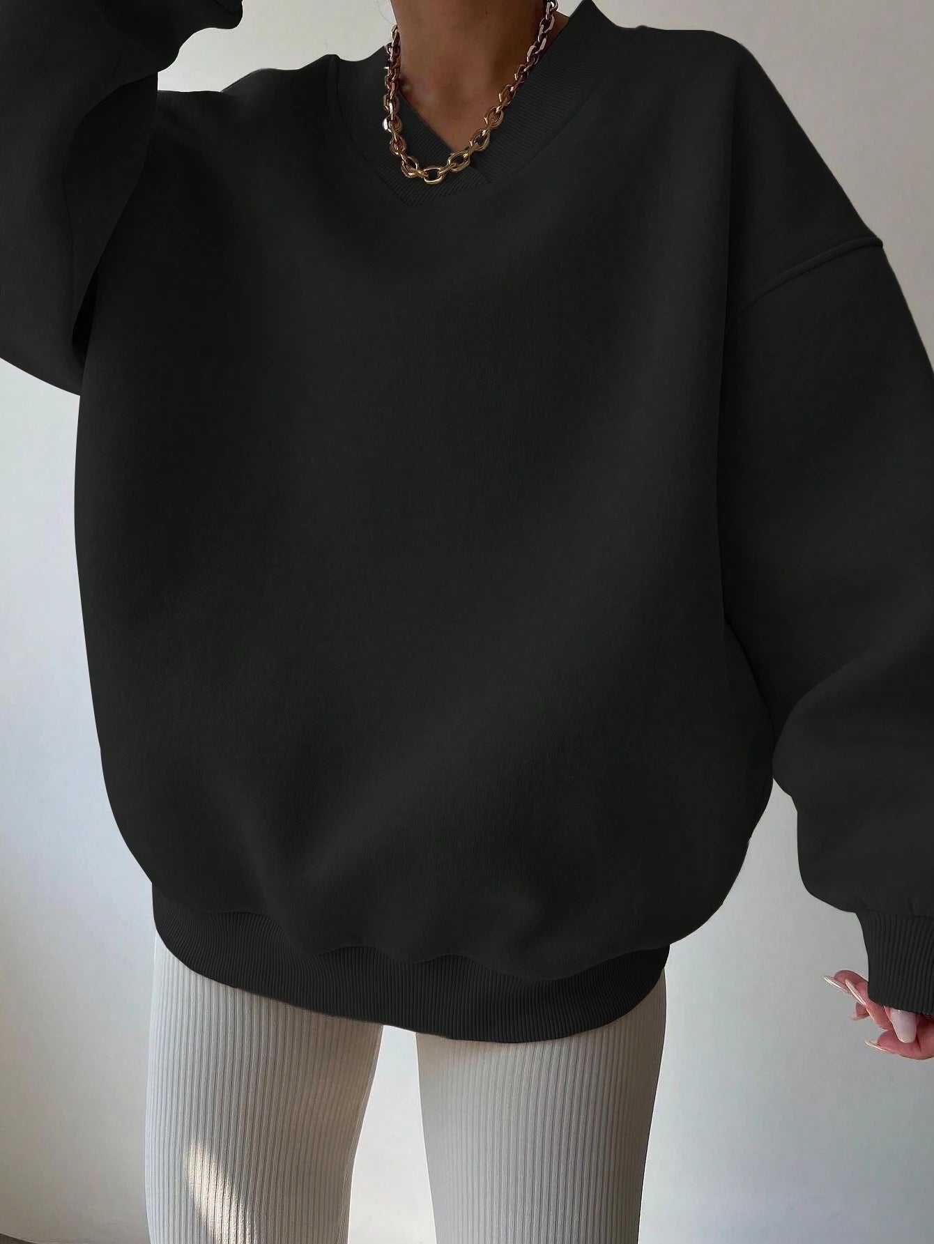 Schwarzer Oversized Pullover Damen V-Ausschnitt Freizeit
