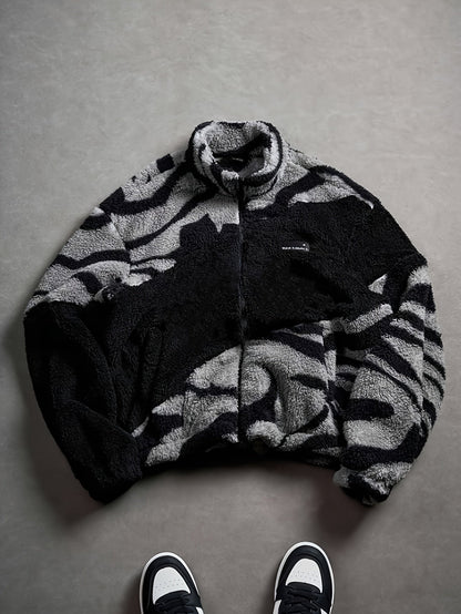 Chaqueta unisex de forro polar de peluche con estampado de cebra y cuello alto