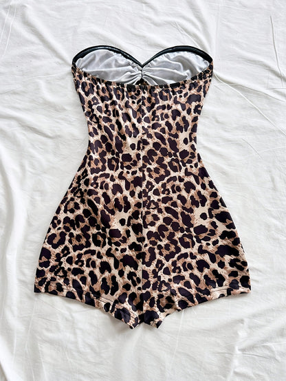 Dame badedragt retro bandeau étstykke med leopardmønster – sexet vintage stil til strand og pool