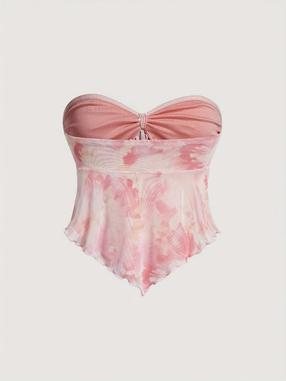 Top bandeau de mujer con estampado de acuarelas y dobladillo asimétrico – Atuendo de moda para fiestas y verano