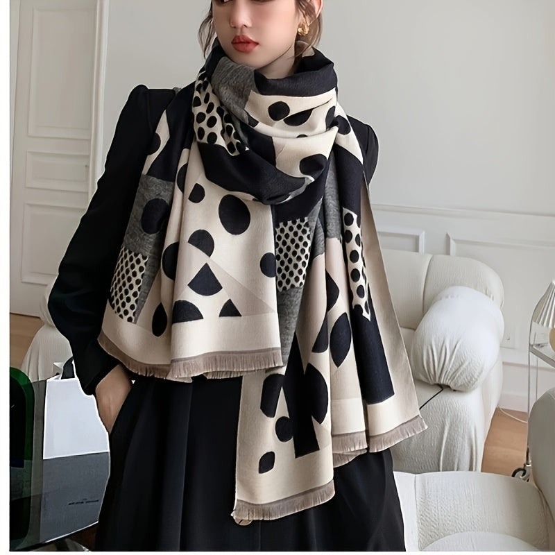 Damen Schal mit geometrischem Punktmuster, Schwarz und Beige