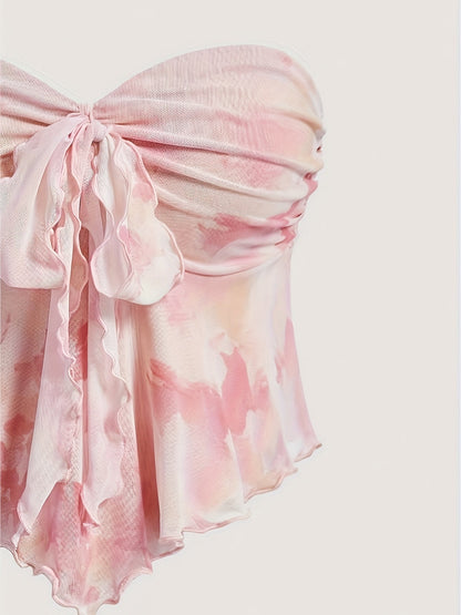Top bandeau de mujer con estampado de acuarelas y dobladillo asimétrico – Atuendo de moda para fiestas y verano