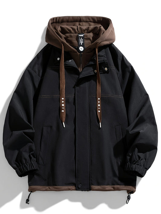 Unisex Jacke mit Kapuze und Reißverschluss, mehrlagiger Look, elastische Bündchen