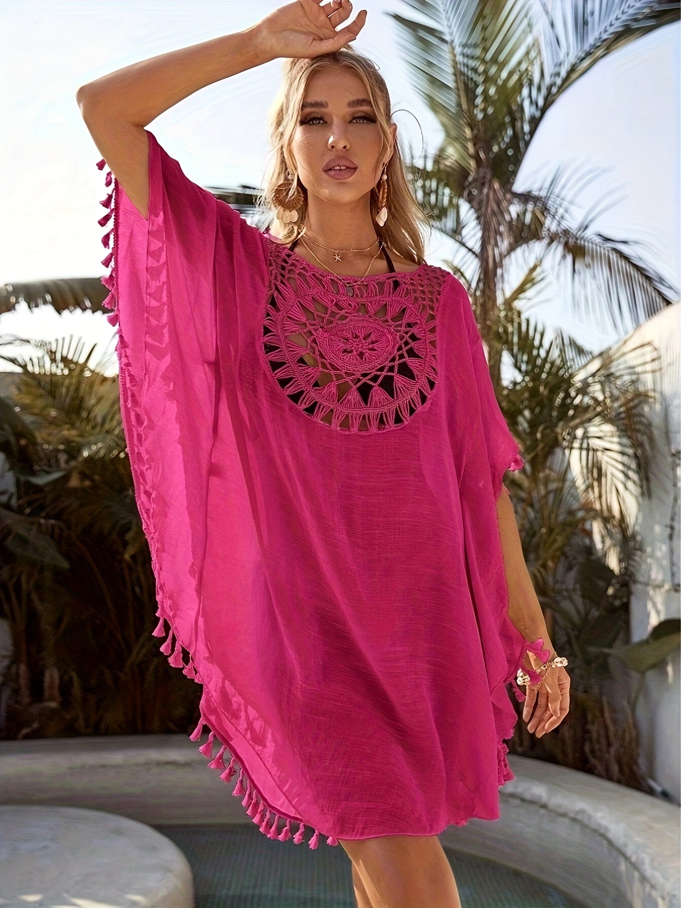 Túnica mini vestido bohemio de playa para mujer con escote de ganchillo y flecos – Perfecto como cubierta de playa de verano