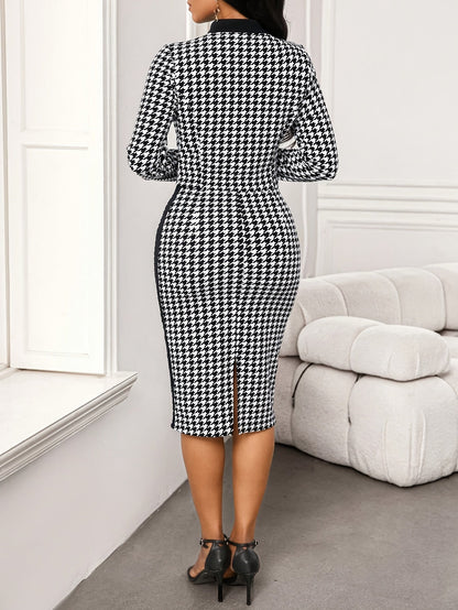 Damen Set Hahnentritt-Kleid und kurze Jacke Schwarz-Weiß