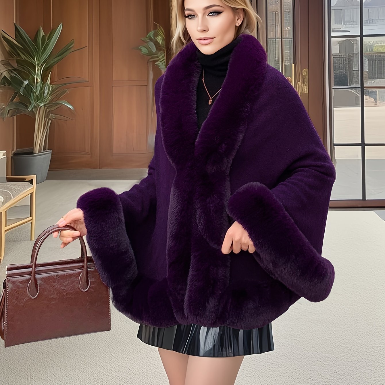 Mantella da donna con bordo in ecopelliccia: elegante poncho-stola in vari colori