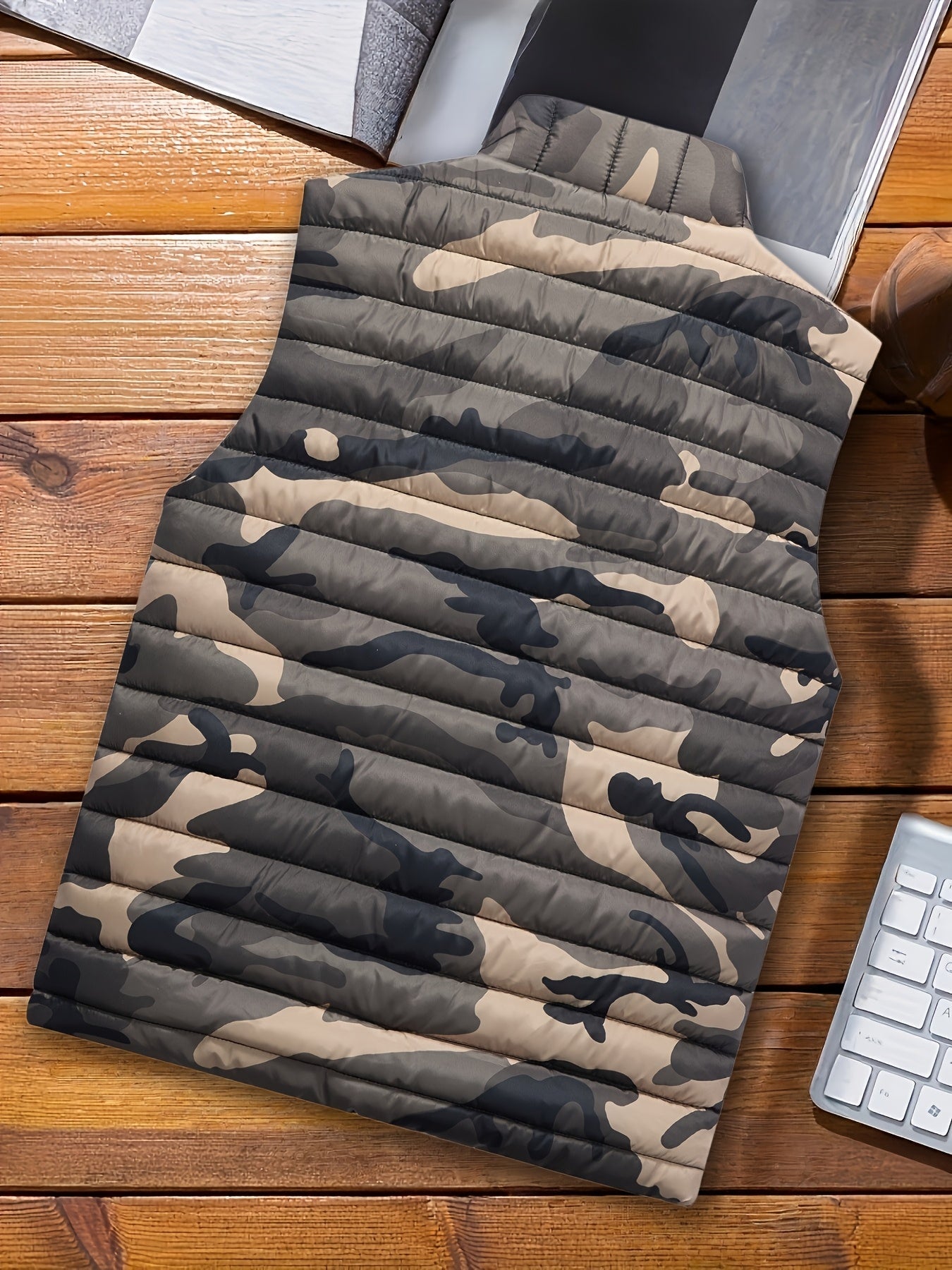 Herren Steppweste Camouflage Gemustert Stehkragen Reißverschluss