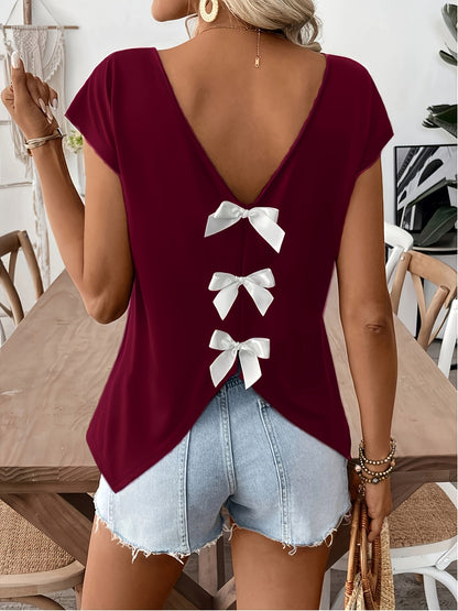 Damen Sommer Top mit Rückenausschnitt und Schleifen, modisches Freizeitshirt für Frühling und Sommer