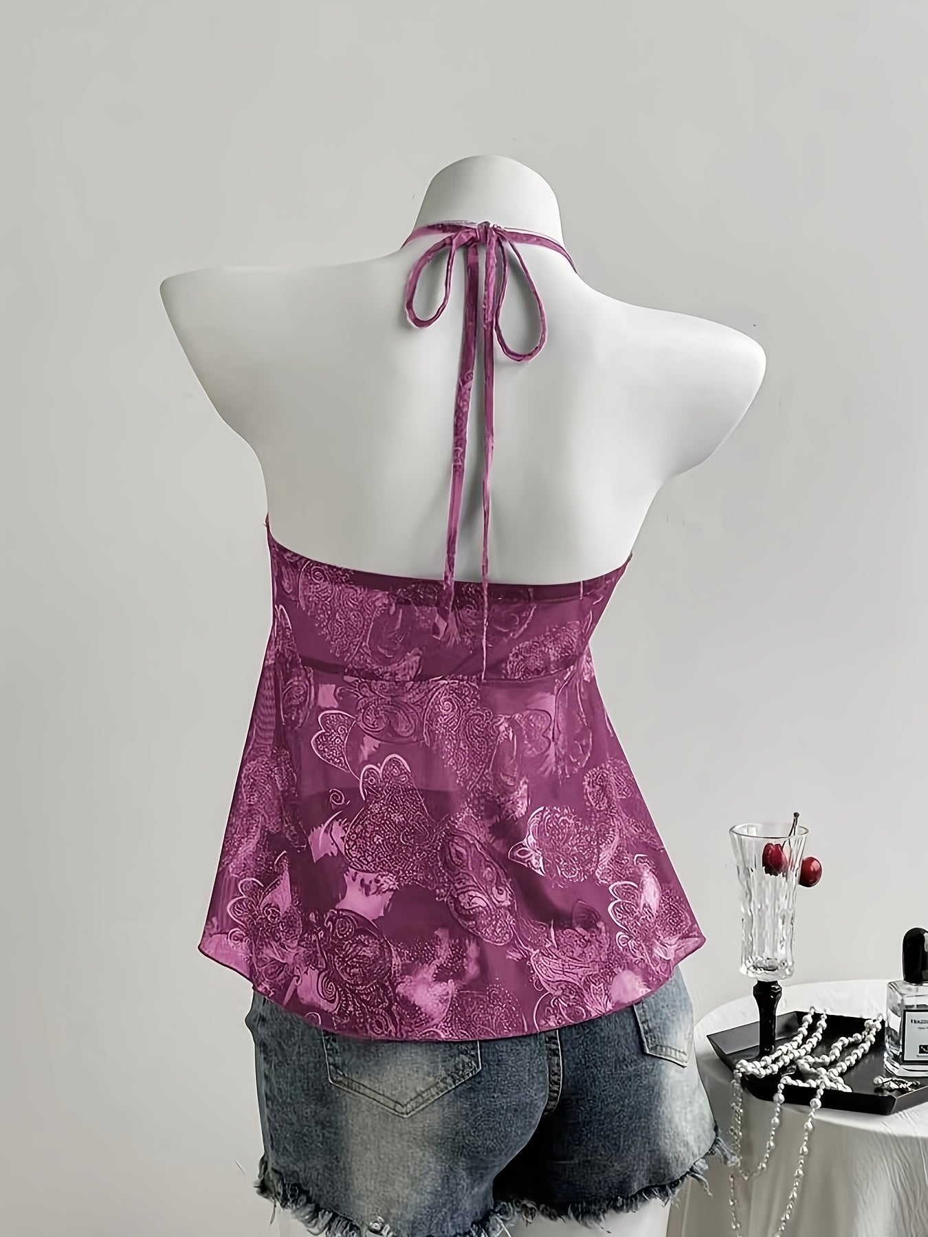 Dame halterneck volant top med hjerteprint – romantisk sommer peplum top til fritid og udgang