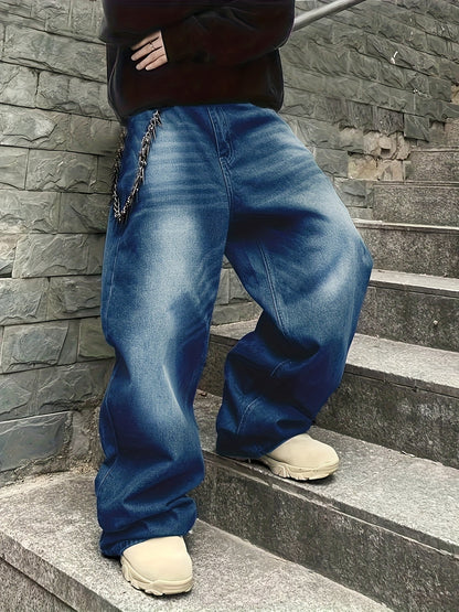 Loose Fit Jeans mit weitem Bein für Herren, Used-Look, Blau