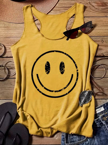 Damski tank top z vintage nadrukiem uśmiechniętej buźki – swobodna letnia koszulka na co dzień