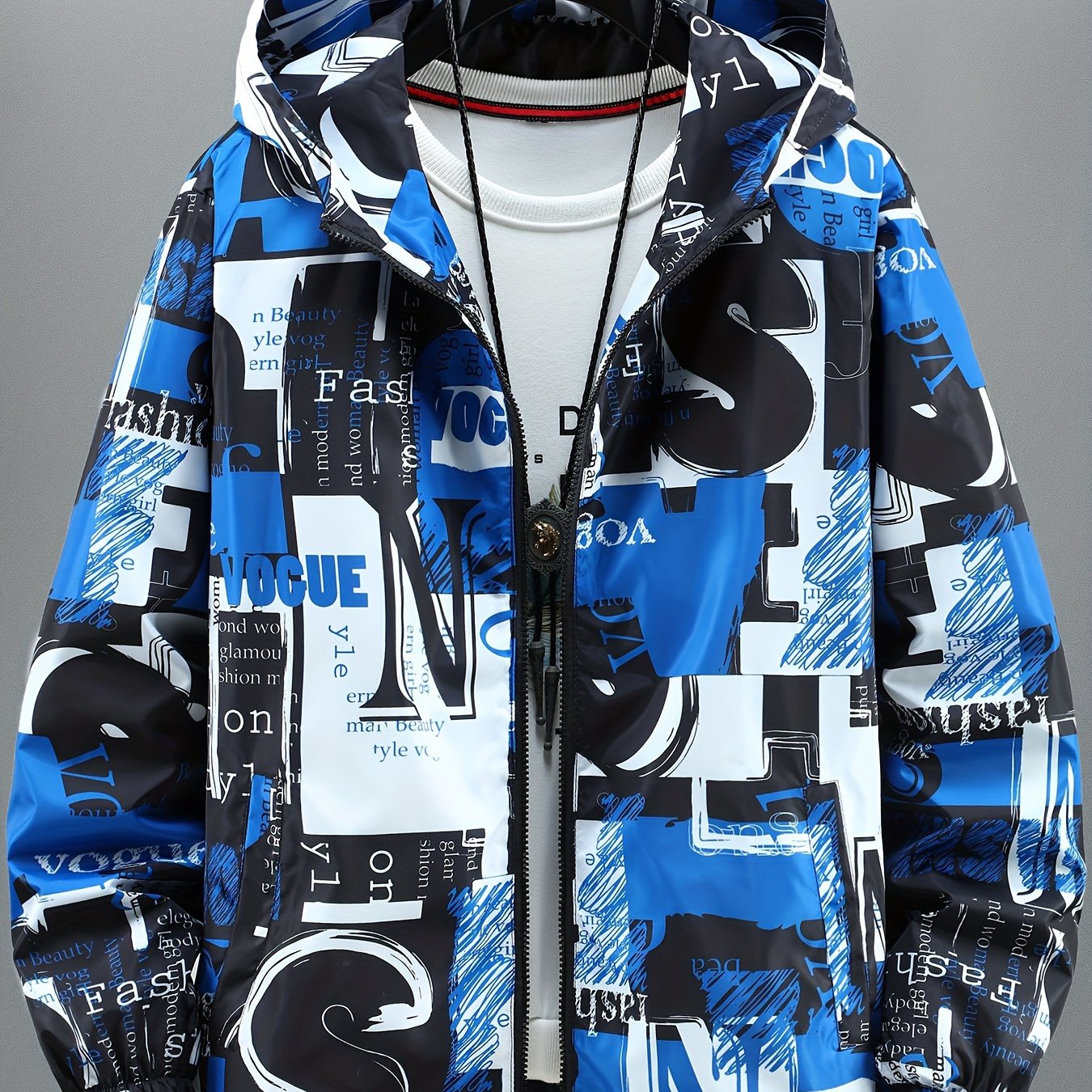 Giacca con cappuccio unisex con stampa testuale, giacca a vento casual con cerniera, rosso nero bianco