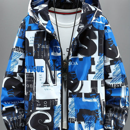Giacca con cappuccio unisex con stampa testuale, giacca a vento casual con cerniera, rosso nero bianco