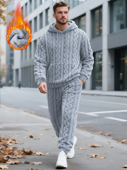 Herren Plüsch Loungewear Set mit Kapuzenpullover und Hose, Zopfmuster, Schwarz