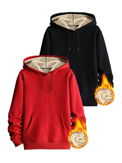 Pack de dos sudaderas con capucha forradas, en colores lisos y con bolsillo canguro – conjunto de sudaderas cálido