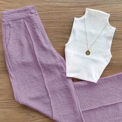 Set elegante da donna – Top senza maniche con collo alto e pantaloni ampi per primavera ed estate