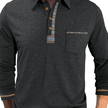 Herren Langarm Poloshirt mit Knopfleiste und Brusttasche