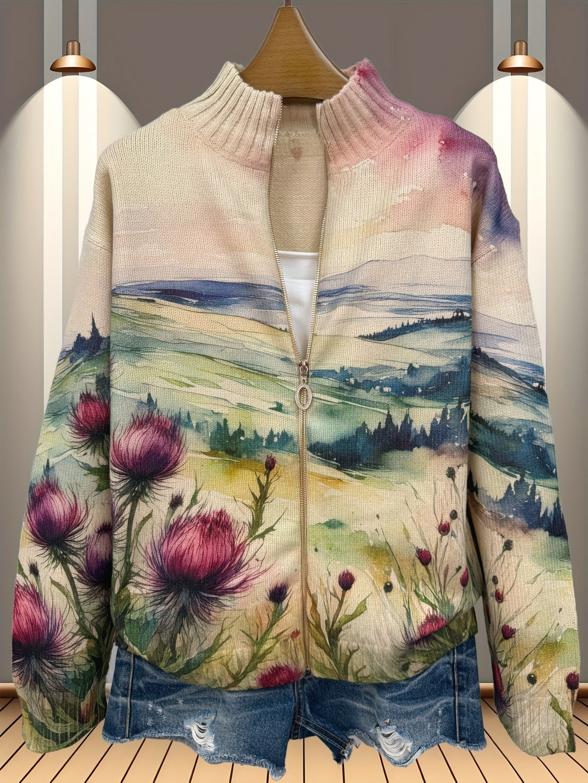 Zelda | Vest voor dames met aquarelprint van landschap en distels