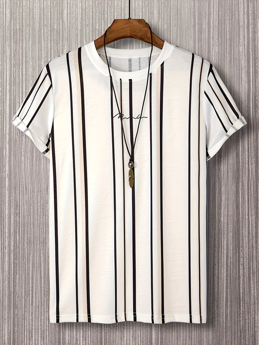 Camiseta para hombre con patrón de rayas verticales y texto moderno – Estilo urbano casual