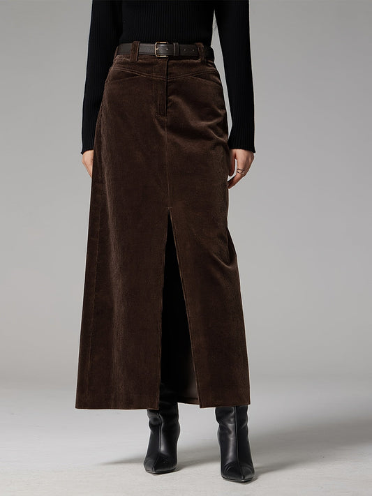 Damen Maxirock aus Cord mit Schlitz Braun