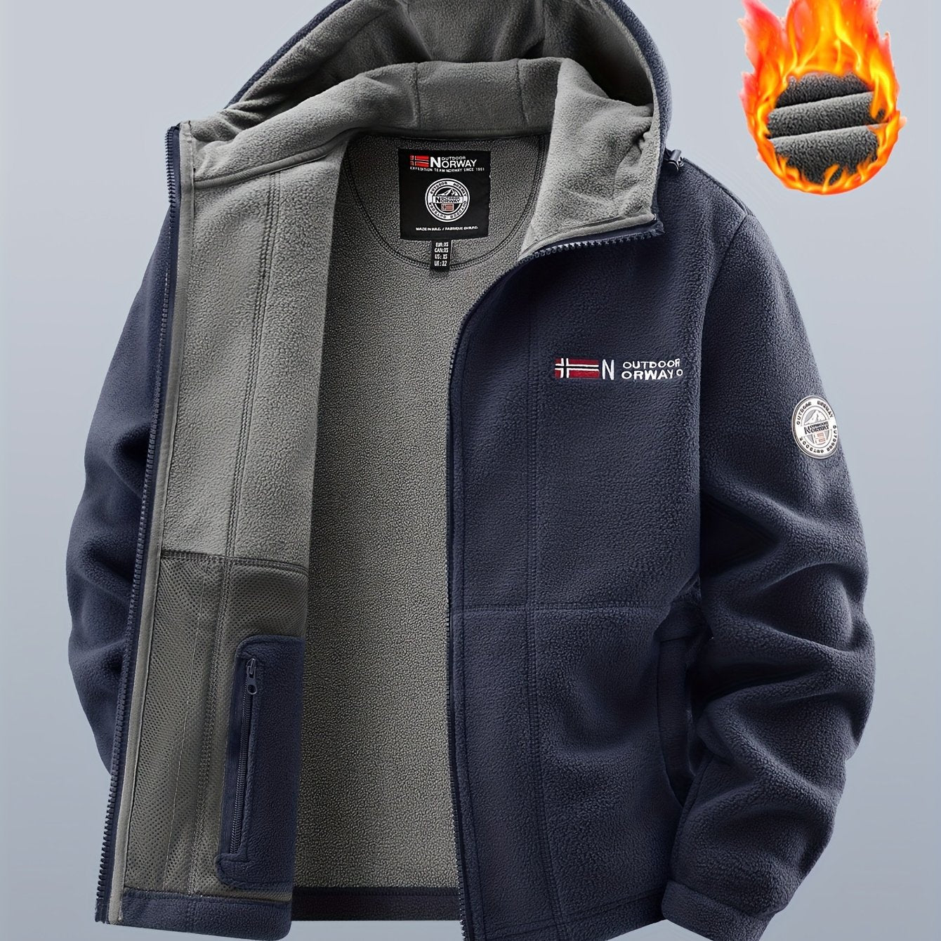 Chaqueta polar de exterior para hombre con capucha – Forro cálido, cierre de cremallera, bolsillo en el pecho