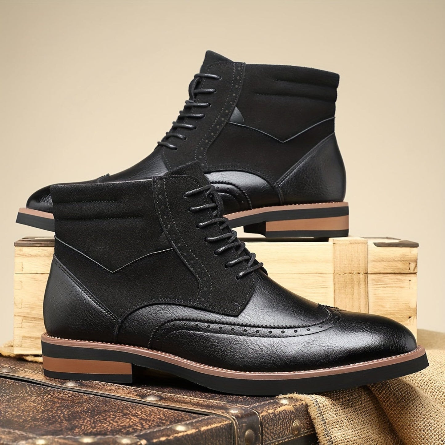 Herren Brogue Stiefel Schnürstiefeletten in Braun mit Kontrastmaterial