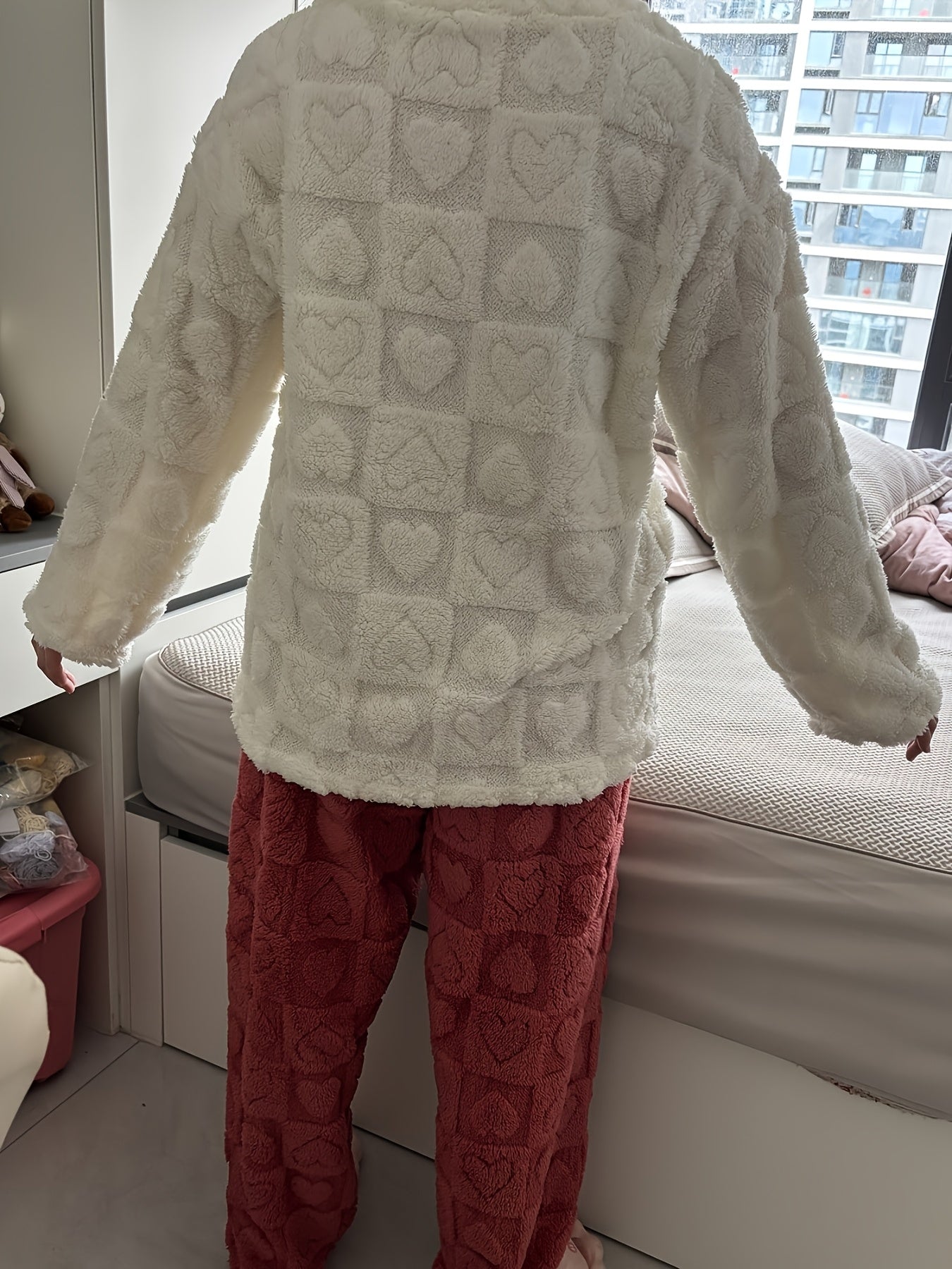 Pigiama coccoloso con motivo a cuori, morbido pigiama loungewear