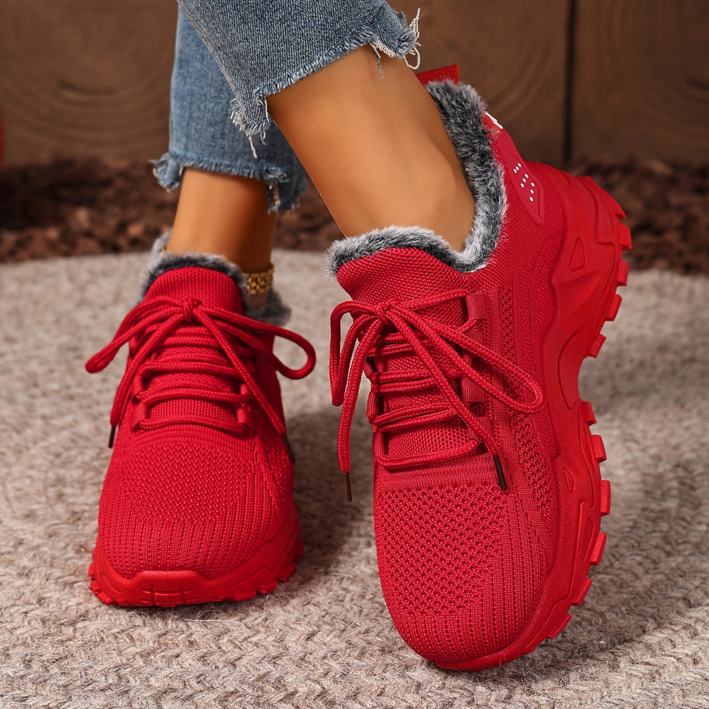 Damen Sneaker mit Fellfutter, Profilsohle und Schnürung