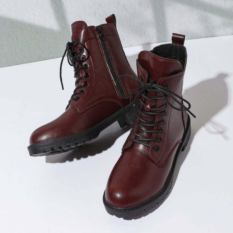 Botines de cordones para mujer, color burdeos, con cremallera y suela dentada