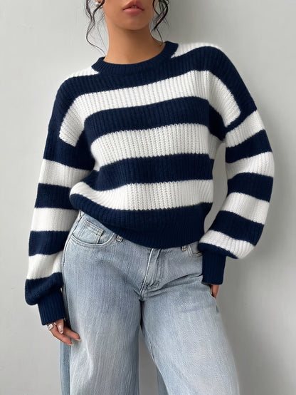 Gestreifter Pullover Damen Schwarz Weiß Langarm Rundhals Strickpullover