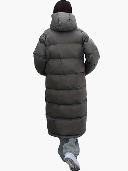 Abrigo acolchado largo de invierno para mujer elegante con capucha – Puff urbano moderno para días fríos