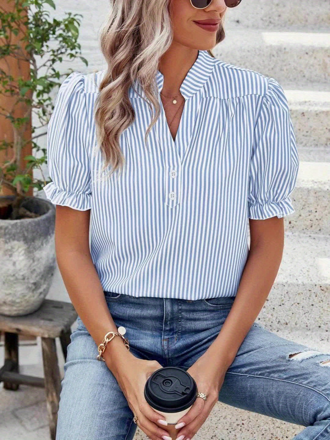 Damen Streifenbluse mit Puffärmeln und Stehkragen – Modische Freizeitbluse für Frühling und Sommer