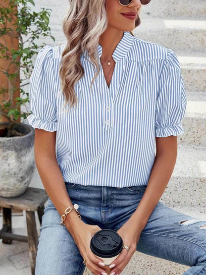 Damen Streifenbluse mit Puffärmeln und Stehkragen – Modische Freizeitbluse für Frühling und Sommer