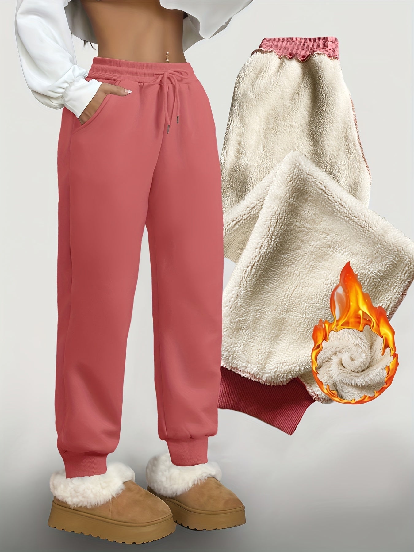 Gevoerde joggingbroek voor dames, warme vrijetijdsbroek met trekkoord
