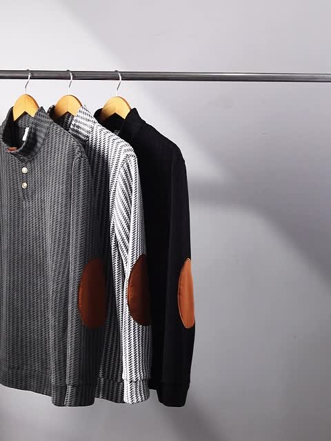 Herren Strickpullover Mock-Neck mit Knopfleiste Ellbogen-Patches Gerippt