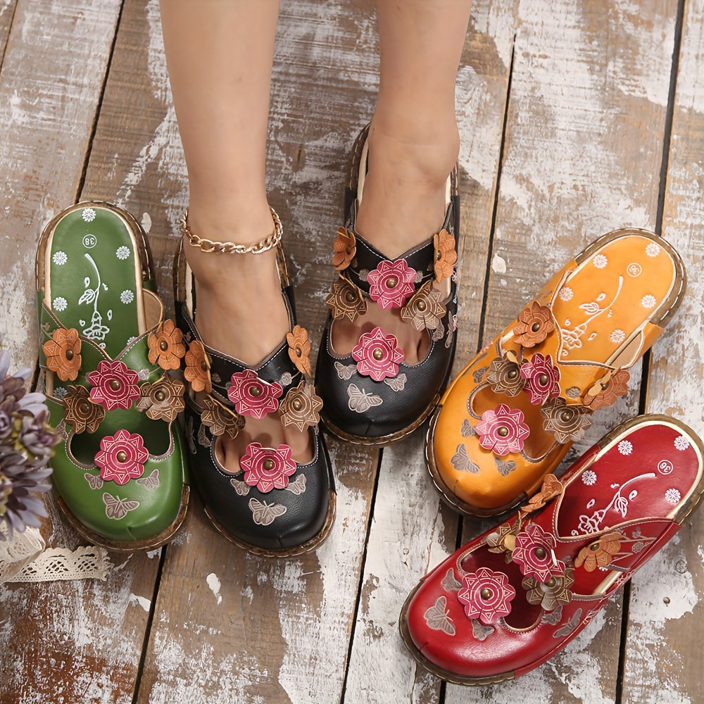 Damskie klapki na platformie z aplikacją kwiatową i koturnem – styl boho, wygodne buty na co dzień