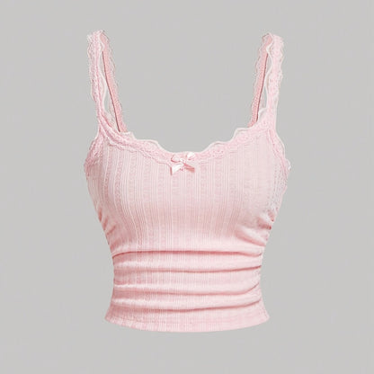 Damen Coquette-stil Camisole-topp med spets och rosett – feminint vintageinspirerat plagg