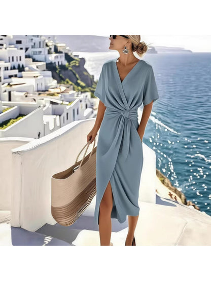 Damen Vintage Wickelkleid mit Knoten-Detail und V-Ausschnitt – Elegantes Sommerkleid für Urlaub und Freizeit