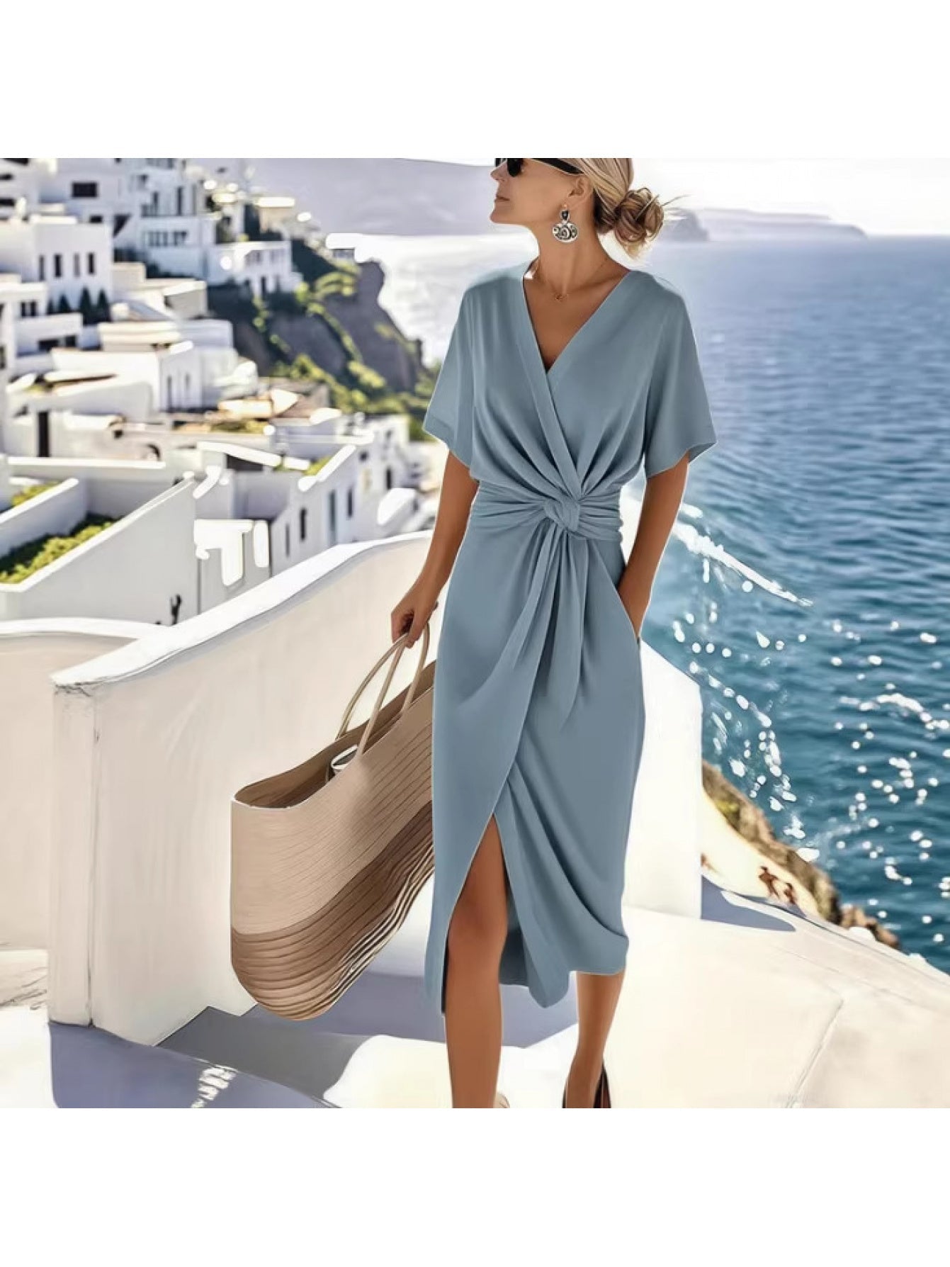 Damen Vintage Wickelkleid mit Knoten-Detail und V-Ausschnitt – Elegantes Sommerkleid für Urlaub und Freizeit