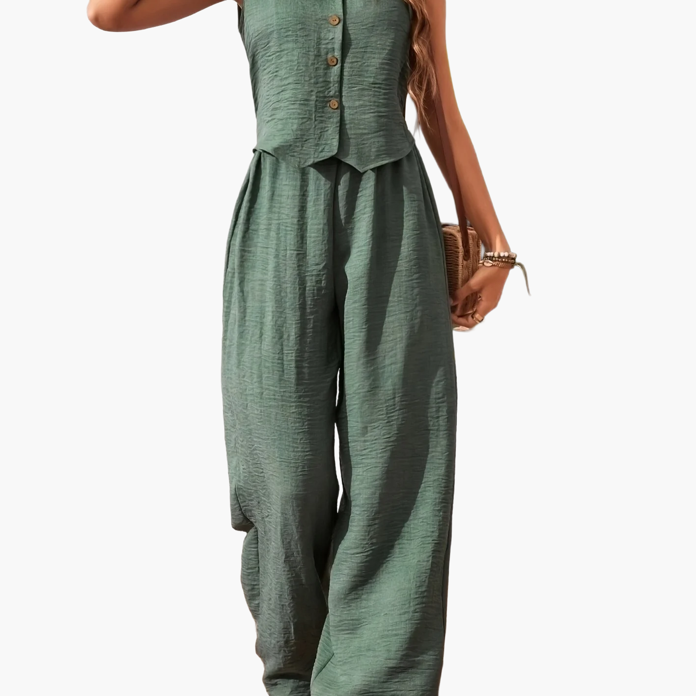 Dame Jumpsuit ærmeløs med V-udskæring og knaplukning – Moderne sommerdragt til hverdag og fritid
