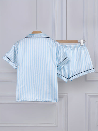Set pigiama donna manica corta con righe e abbottonatura – Set comodo di biancheria da notte estiva