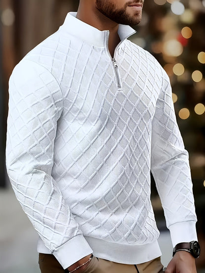 Herren Halb-Reißverschluss Pullover Weiß mit Rautenmuster, Langarm, Stehkragen