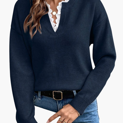 Dames elegante trui met V-hals en ruches kraag – Perfect voor dagelijks gebruik & kantoor