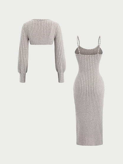 Damen Geripptes Midikleid mit Spaghettiträgern und Kurzpullover-Set